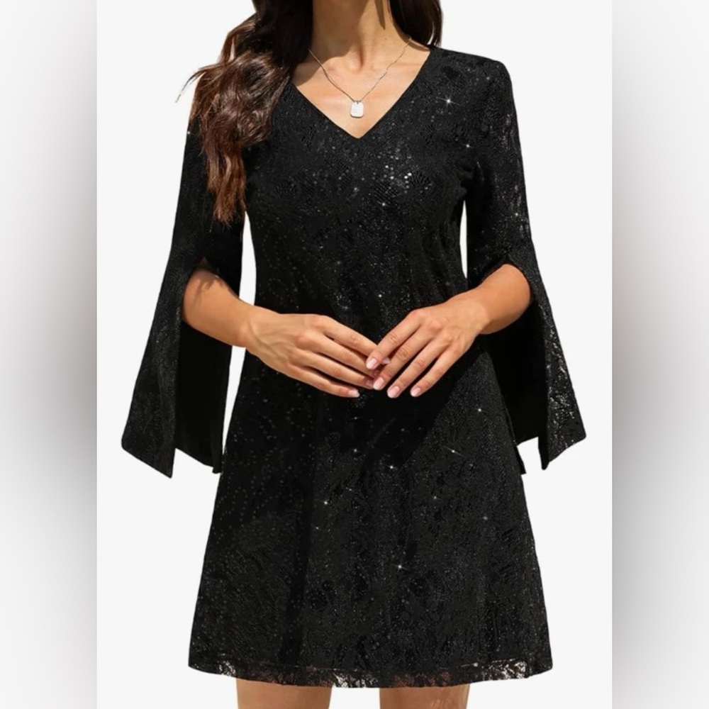 NWT Cooan Womens Wedding Guest Dress Cocktail Formal Party Sequin Black LBD Sz M